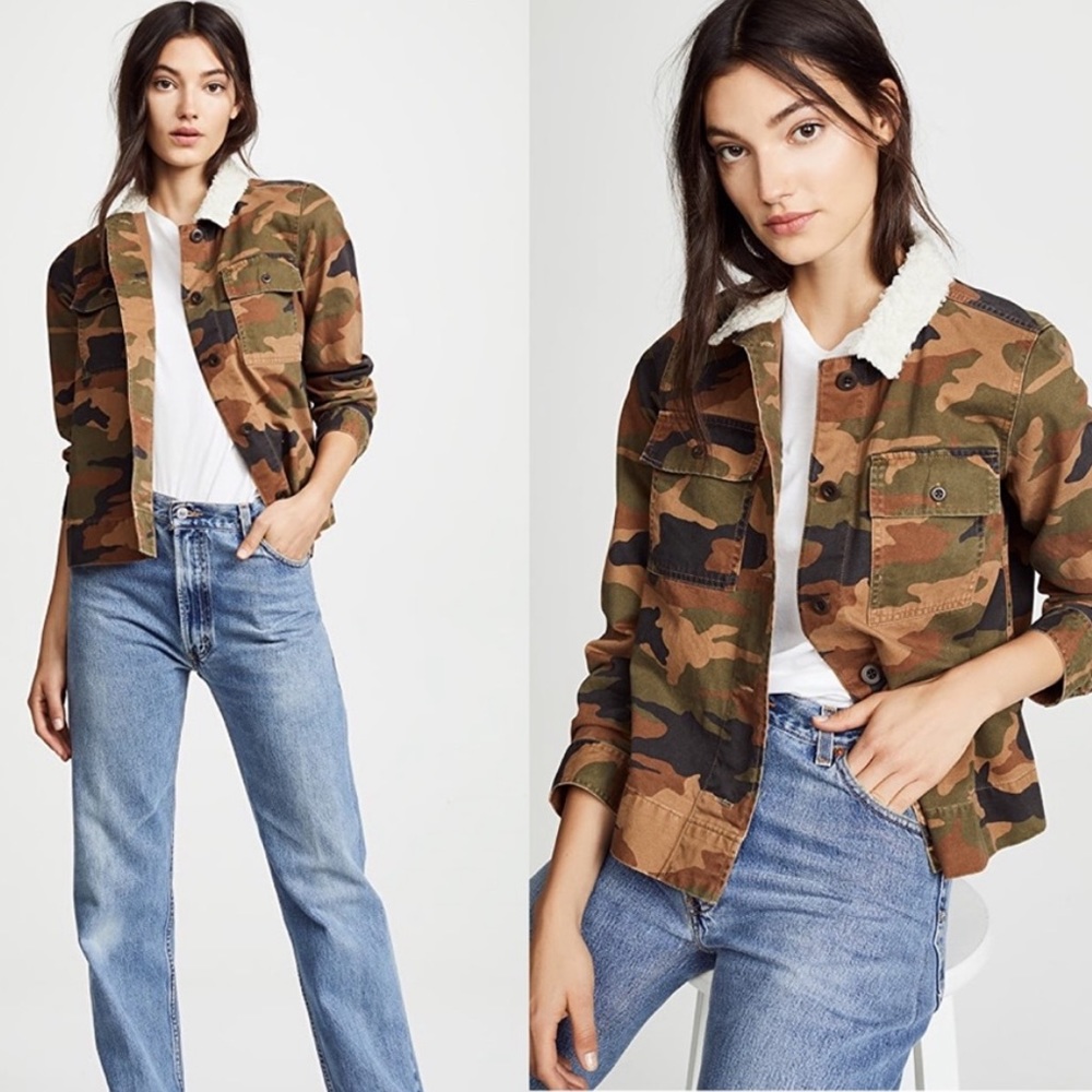 Madewell Northward Cropped Camo Army Jacket w/ Sherpa Collar sz S